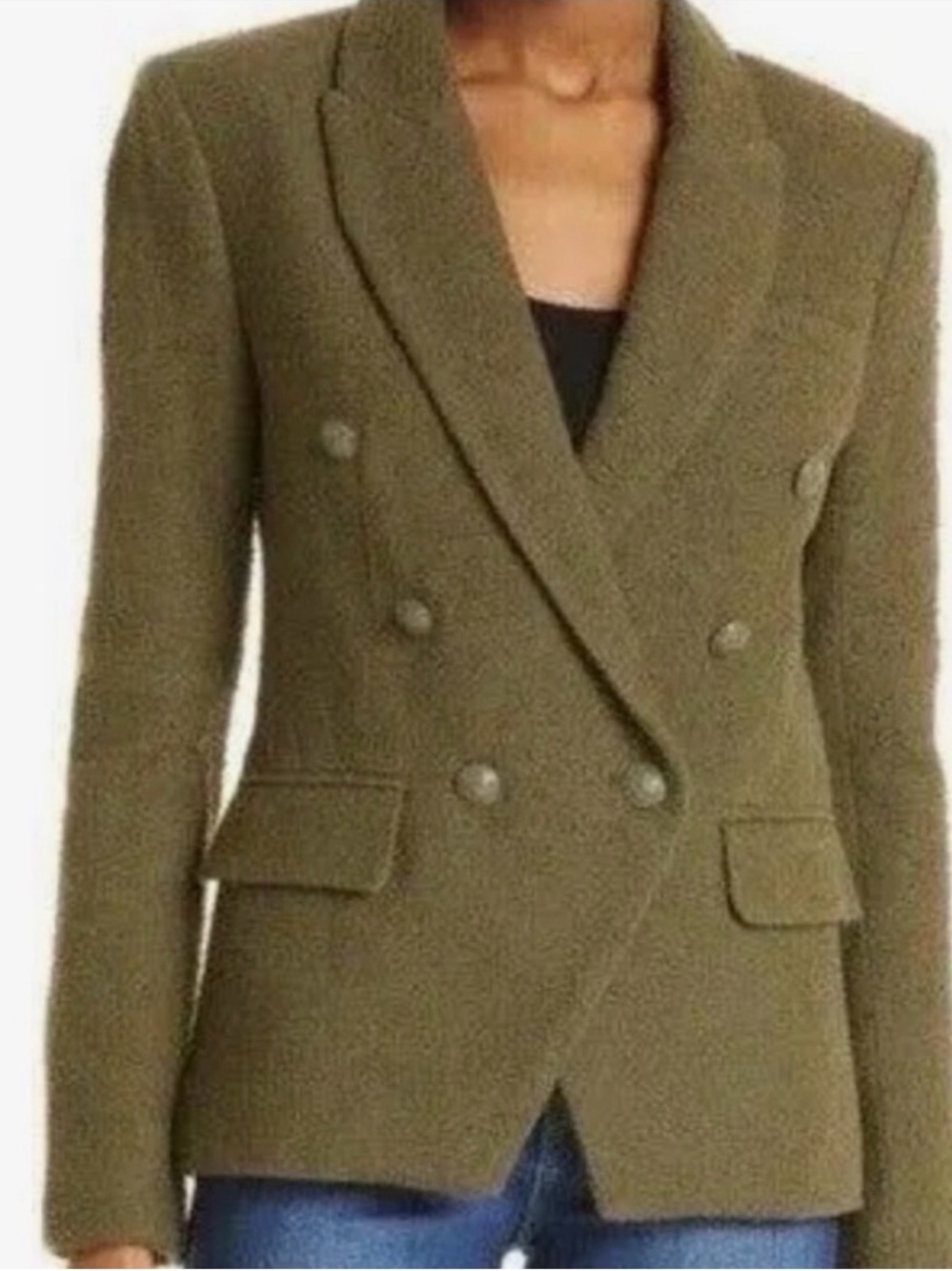 L’Agence Double-Breasted Olive Green Women's Tweed Blazer Jacket